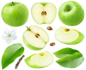 Isolated green apples. Collection of whole and cut  green apples, leaves and flower isolated on white background