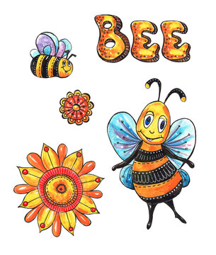 Bees and flowers.Illustration with bees.Watercolor painting.Hand drawn.Orange.Fun bees.