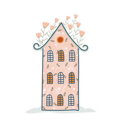 Home Sweet Home. Cute naive rustic old house with flowers. Cozy cottage flat vector cartoon illustration. Building on street of European city. Hand drawn greeting card, postcard, poster. Countryside 