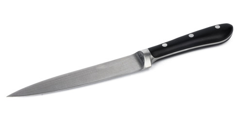 New sharp metal knife on white background