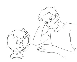 A sketch of a guy in a protective medical mask who is sitting and looking at the globe
