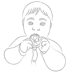 A sketch of the kid who is eating a lemon, baby boy portrait with lemon