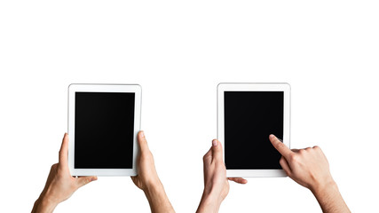 Collage of male hands with tablet computers on white background, mockup for design