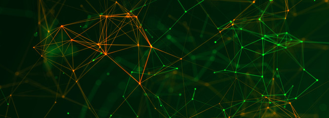 Abstract polygonal space with connecting dots and lines. Dark background. Connection structure. 3d Widescreen