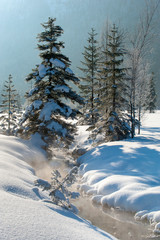 Winterlandschaft im Allgäu mit Bach im Schnee bei Frost