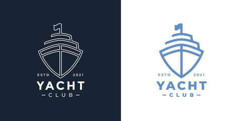 Luxury yacht club logo line icon. Premium leisure boat marine sign. Cruise ship travel symbol. Vector illustration.