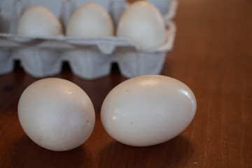 Two duck eggs in front of a carton of eggs