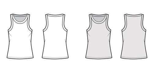 Cotton-jersey tank technical fashion illustration with relaxed fit, wide scoop neckline, sleeveless. Flat outwear cami apparel template front, back white grey color. Women men unisex shirt top mockup