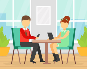 Young Man and Woman Using Smartphones while Sitting at Table in Cafe, Gadget Addiction Concept Cartoon Vector Illustration