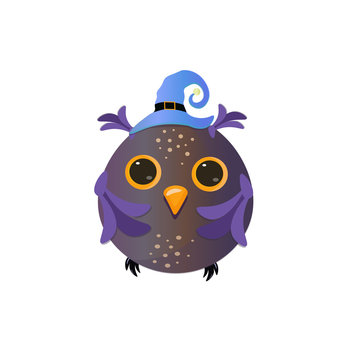Cute cartoon owl wearing witch hat. Halloween vector illustration.