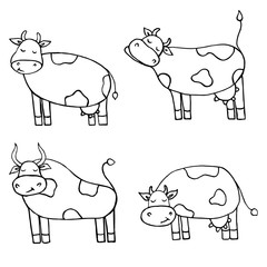 Funny cow cartoons sketch. Set of black and white outline vector illustrations.