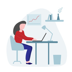 Vector illustartion with people working at the office. Woman working on computer at the office desk