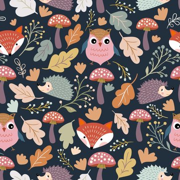 Autumn seamless pattern/wallpaper/background with seasonal design, cute elements, owl, fox and hedgehog