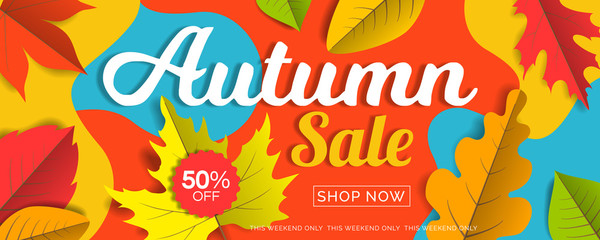 autumn sale banner design with l leaves on geometric colorful abstract shapes background	