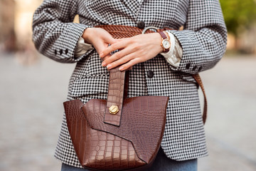 Autumn fashion, street style details: close up of woman hands with trendy  brown faux croco leather...