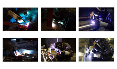 Metal workers use manual labor. Skilled welder set.  Welder is welding the steel in the factory.