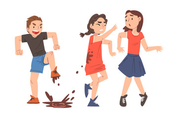 Naklejka premium Bully Boy Jumping into Puddle and Dirtying Girls with Mud, Mockery and Bullying at School Concept Cartoon Style Vector Illustration