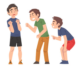 Sad Boy Bullied by Classmates, Two Boys Mocking, Laughing and Pointing Fingers Him, Mockery and Bullying at School Problem Cartoon Style Vector Illustration