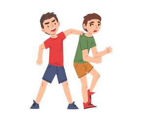 Fototapeta premium Bully Boy Attacking Sad Weaker Boy, Mockery and Bullying at School Problem Cartoon Style Vector Illustration