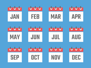 12 month calendar sign set vector illustration, color signs for all months of the year