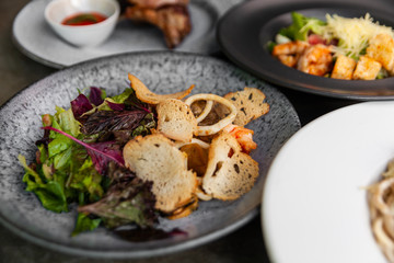 Table full of salads of Mediterranean cuisine