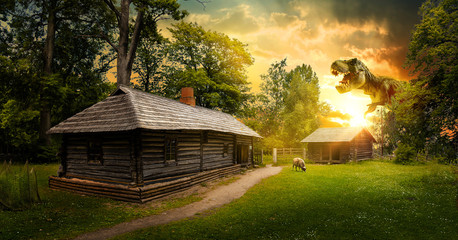 Panorama of old houses on the edge of the forest, Tyrannosaurus in the early morning.