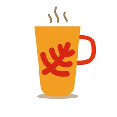 Hand drawn cozy cup for autumn evenings. Orange cup with red twig pattern on it and shadow. Autumn greeting card. Cartoon Vector illustration