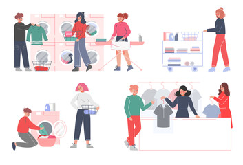 People Doing Laundry at Home or Public Laundrette Set, Men and Women Washing and Drying Clothes Flat Style Vector Illustration