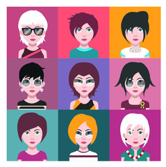 Set of people icons in flat style with faces. Vector women, men