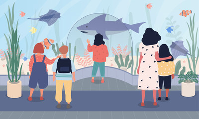 Vector illustration of children at oceanarium. Group of young people with teacher looking on sea and ocean fauna in aquarium