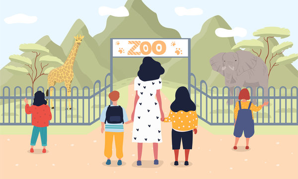 Vector illustration of children at zoo. Group of young people with teacher standing near entrance to zoo and looking on wild animals