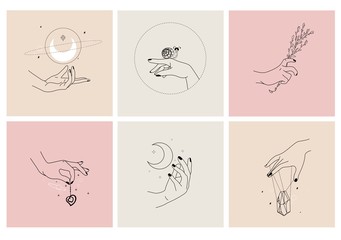 Hands in different gestures. Vector emblems. Feminine symbols for beauty products.