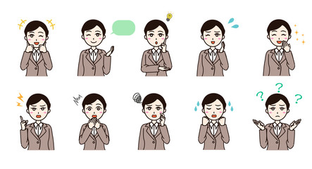 Woman business suit various emotion set