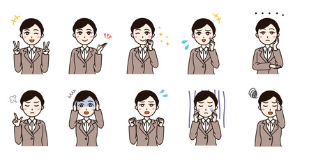 Woman business suit various emotion set