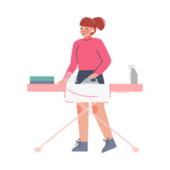 Fototapeta premium Girl Ironing Clothes on Board, Young Woman Doing Laundry, Household Chores Flat Style Vector Illustration