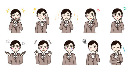 Woman business suit various emotion set