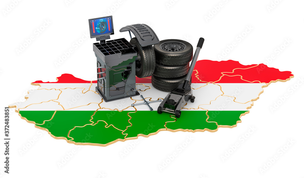 Poster tire fitting and auto service in hungary concept. 3d rendering