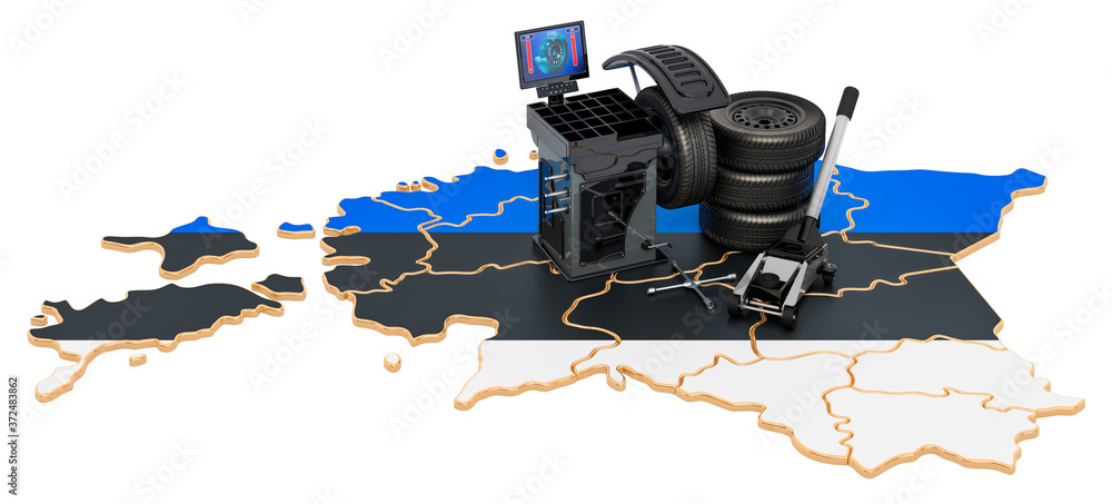 Poster tire fitting and auto service in estonia concept. 3d rendering