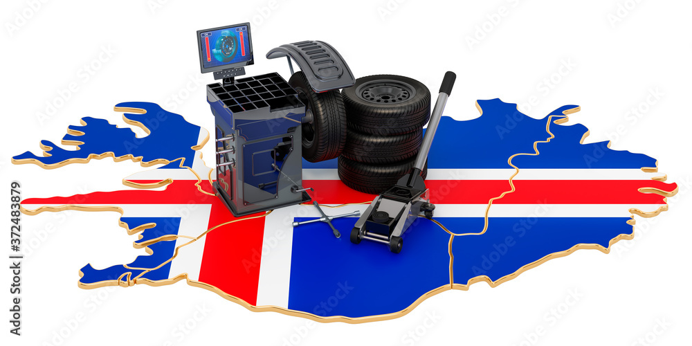 Poster tire fitting and auto service in iceland concept. 3d rendering