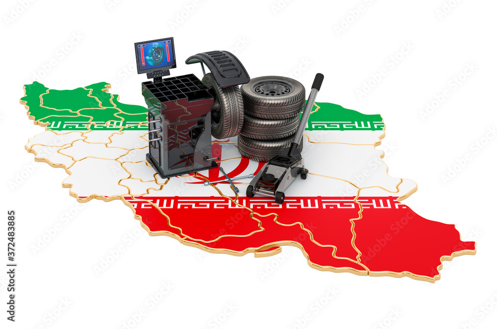 Poster tire fitting and auto service in iran concept. 3d rendering