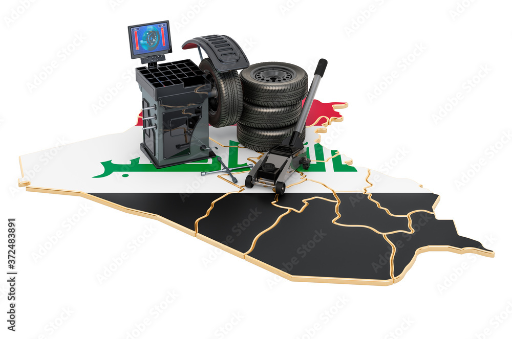 Poster tire fitting and auto service in iraq concept. 3d rendering