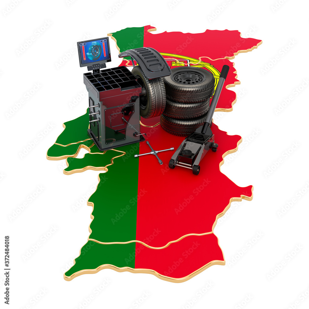 Poster tire fitting and auto service in portugal concept. 3d rendering