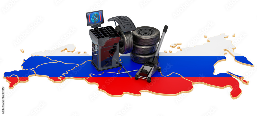 Poster tire fitting and auto service in russia concept. 3d rendering