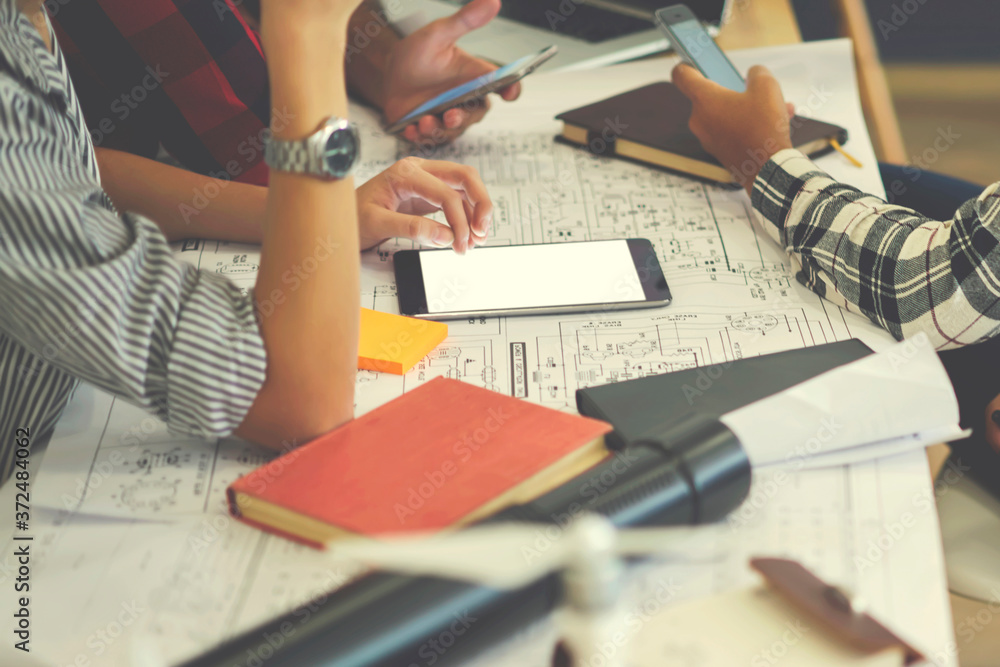 Poster cropped image of students working process using modern digital devices