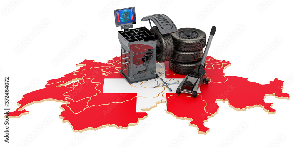 Poster tire fitting and auto service in switzerland concept. 3d rendering