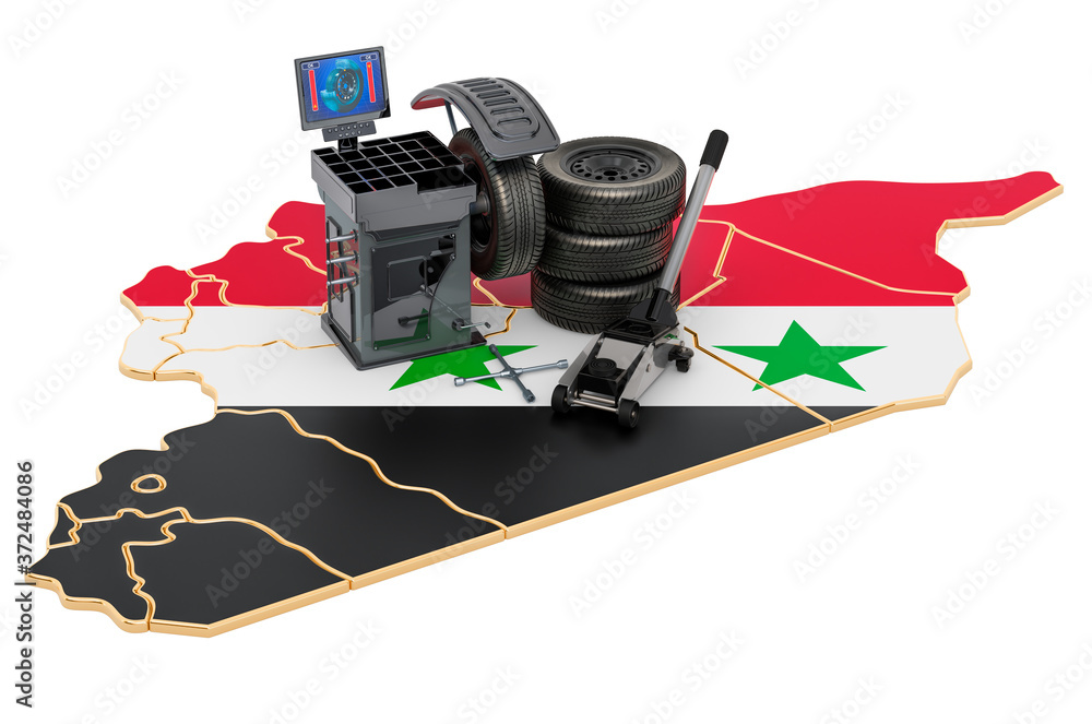Poster tire fitting and auto service in syria concept. 3d rendering