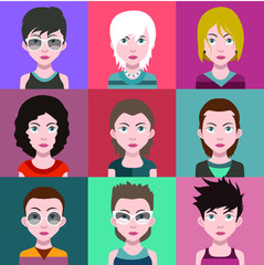 Set of people icons in flat style with faces. Vector women, men