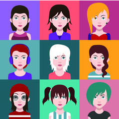 Set of people icons in flat style with faces. Vector women, men
