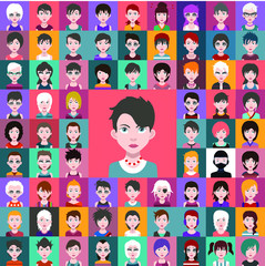 Fototapeta na wymiar Set of people icons in flat style with faces. Vector women, men