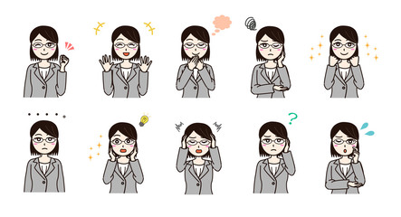 Woman business suit various emotion set